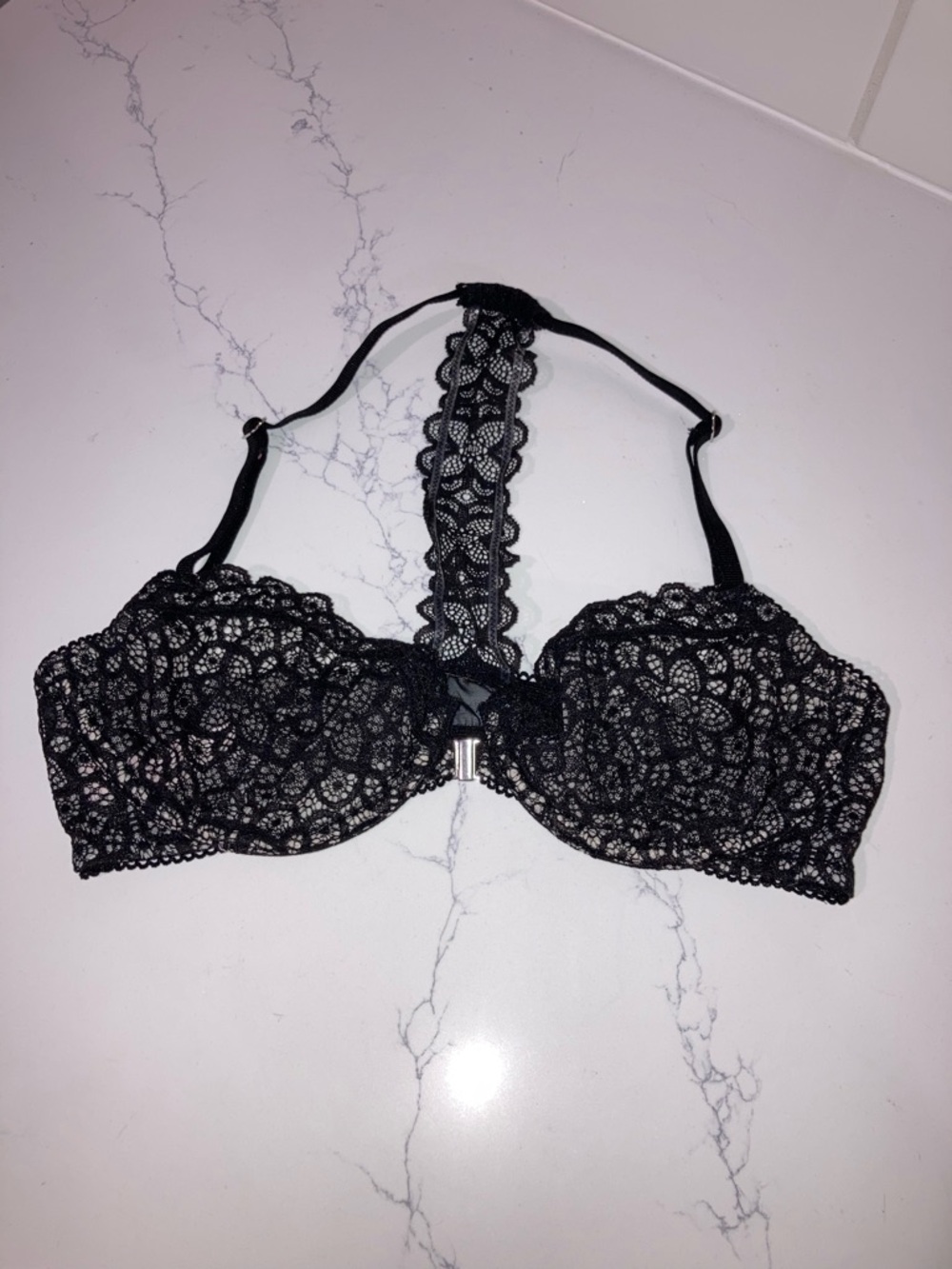 Victoria's Secret Black Lace Racerback Balconette Front Clasp Bra - size 34B